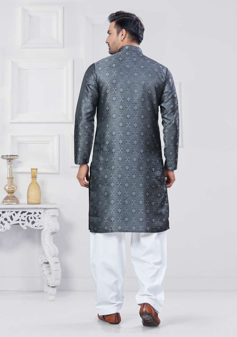 Grey Embroidered Jacquard Kurta Set For Men - Indya