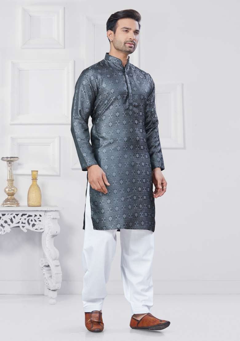 Grey Embroidered Jacquard Kurta Set For Men - Indya