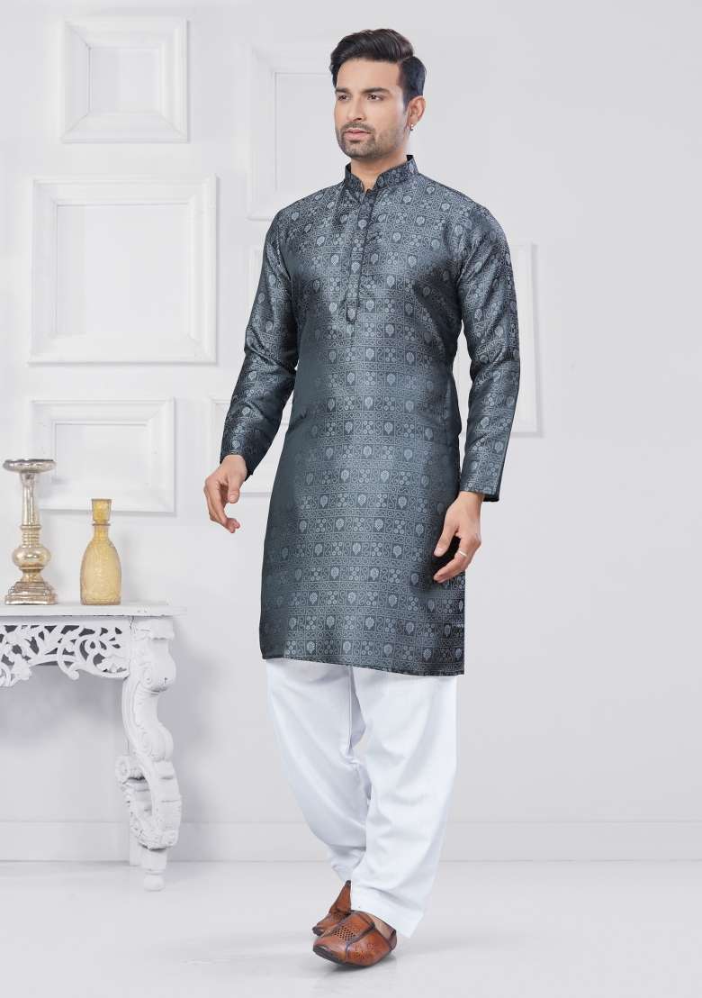 Grey Embroidered Jacquard Kurta Set For Men - Indya