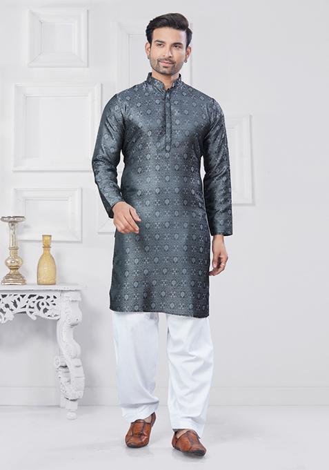 Grey Embroidered Jacquard Kurta Set For Men