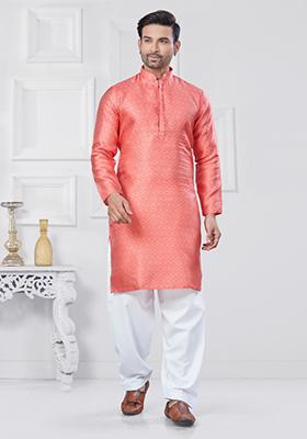 Pink Embroidered Jacquard Kurta Set For Men
