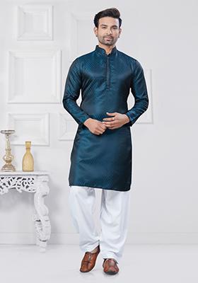 Rama Green Embroidered Jacquard Kurta Set For Men