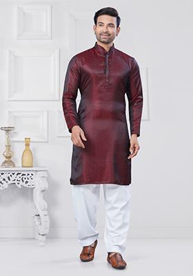 Maroon Embroidered Jacquard Kurta Set For Men
