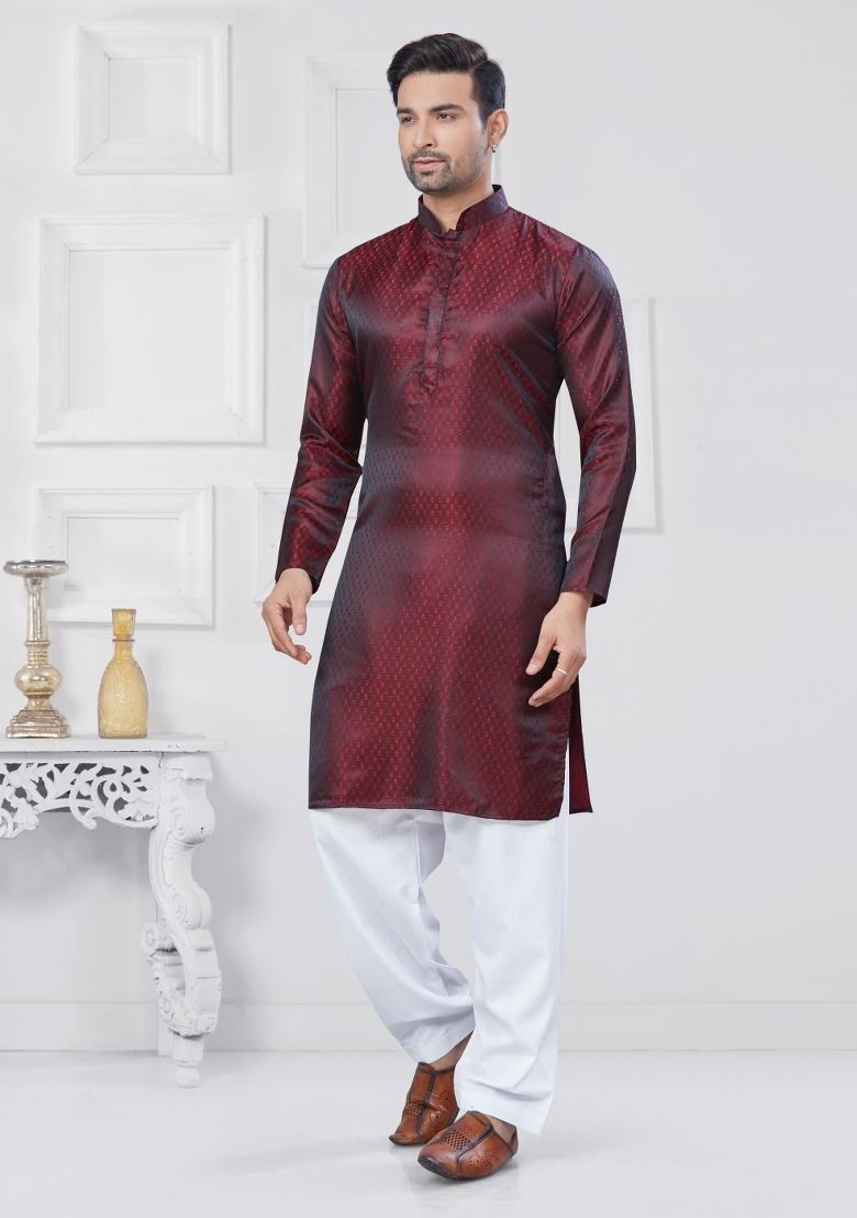 Maroon Embroidered Jacquard Kurta Set For Men - Indya