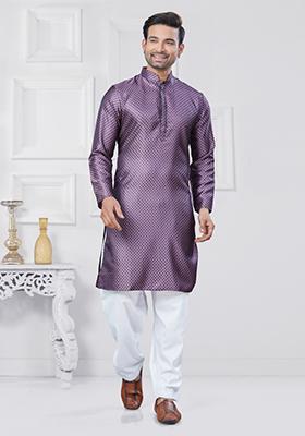 Purple Embroidered Jacquard Kurta Set For Men