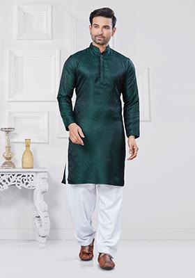 Dark Green Embroidered Jacquard Kurta Set For Men