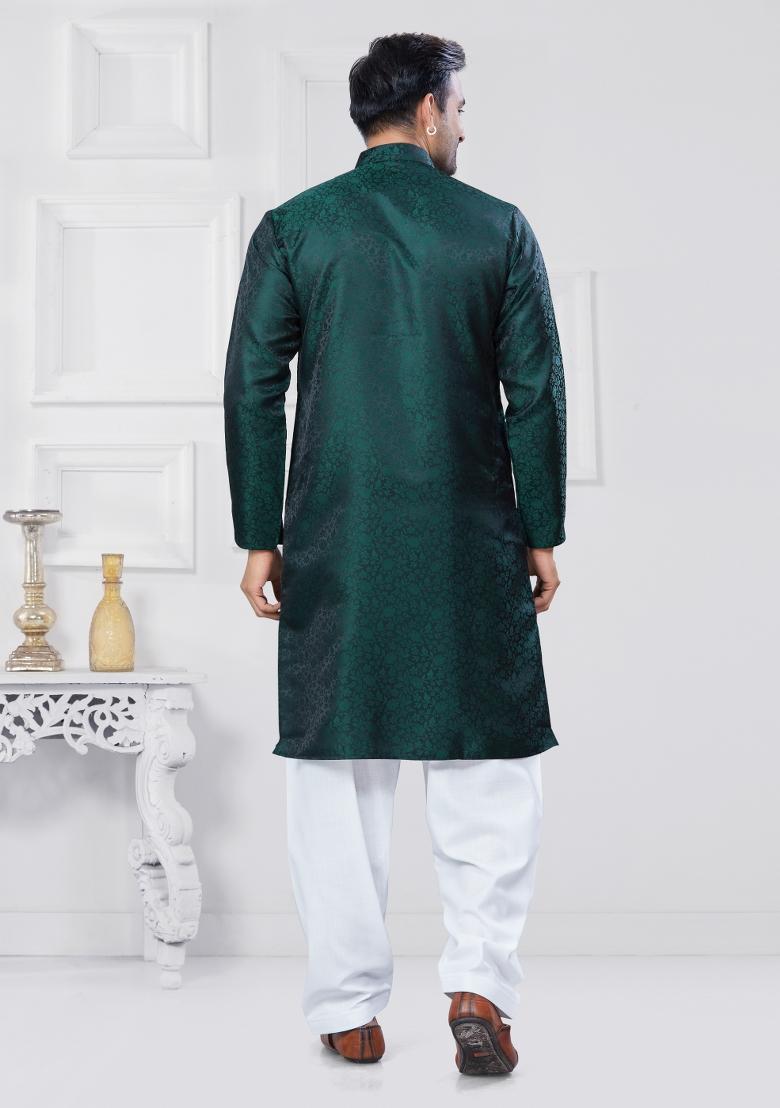 Dark Green Embroidered Jacquard Kurta Set For Men - Indya