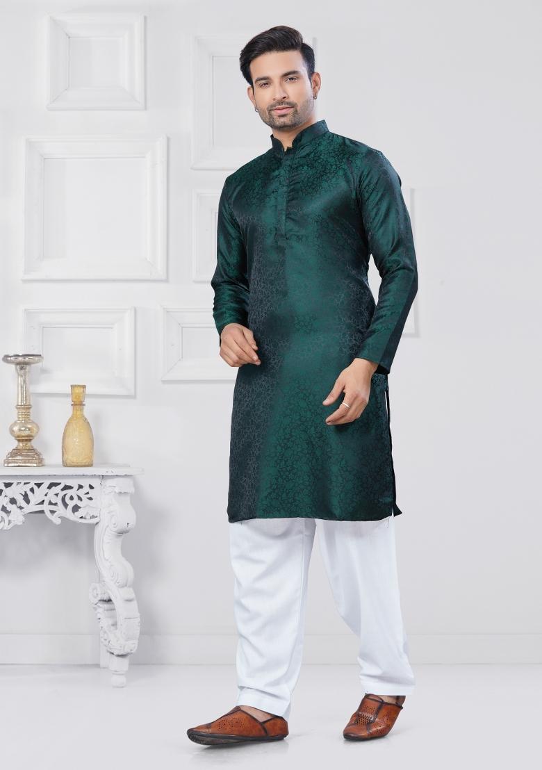 Dark Green Embroidered Jacquard Kurta Set For Men - Indya