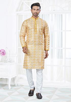 Yellow Embroidered Cotton Kurta Set For Men