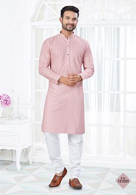 Pink Embroidered Silk Kurta Set For Men