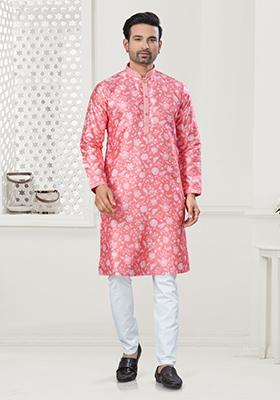 Pink Digital Printed Silk Kurta Set For Men