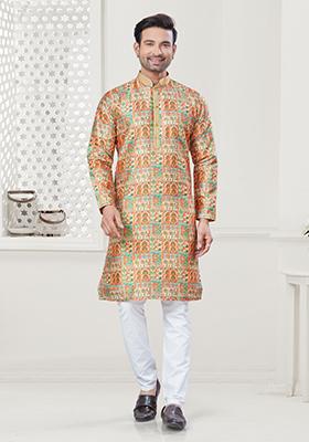 Multi Digital Printed Silk Kurta Set For Men