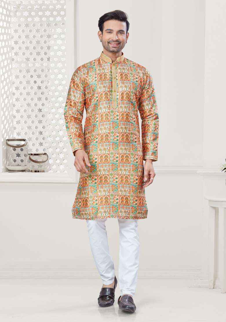 Multi Digital Printed Silk Blend Kurta Set For Men - Indya