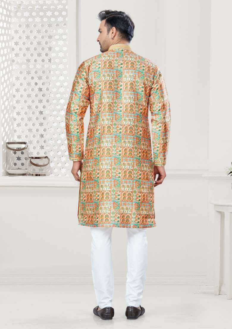 Multi Digital Printed Silk Blend Kurta Set For Men - Indya