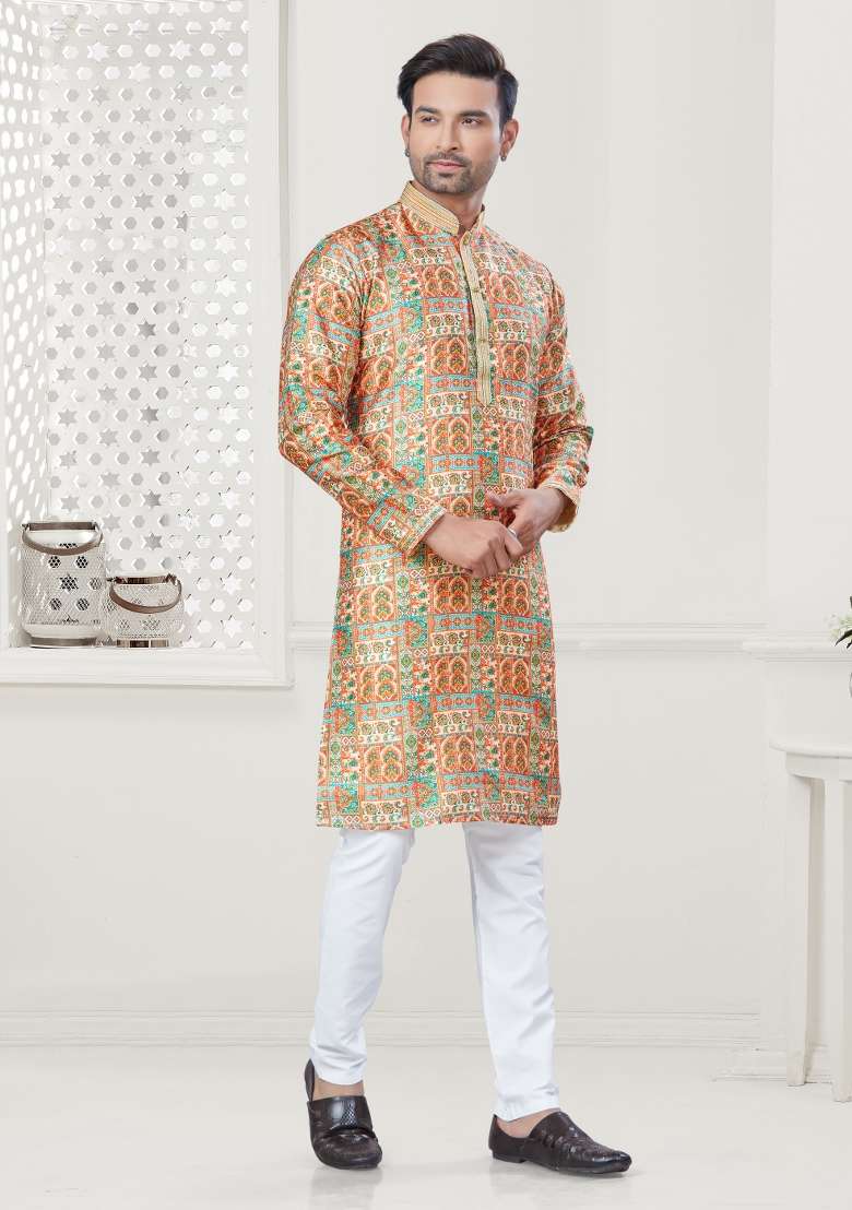 Multi Digital Printed Silk Blend Kurta Set For Men - Indya