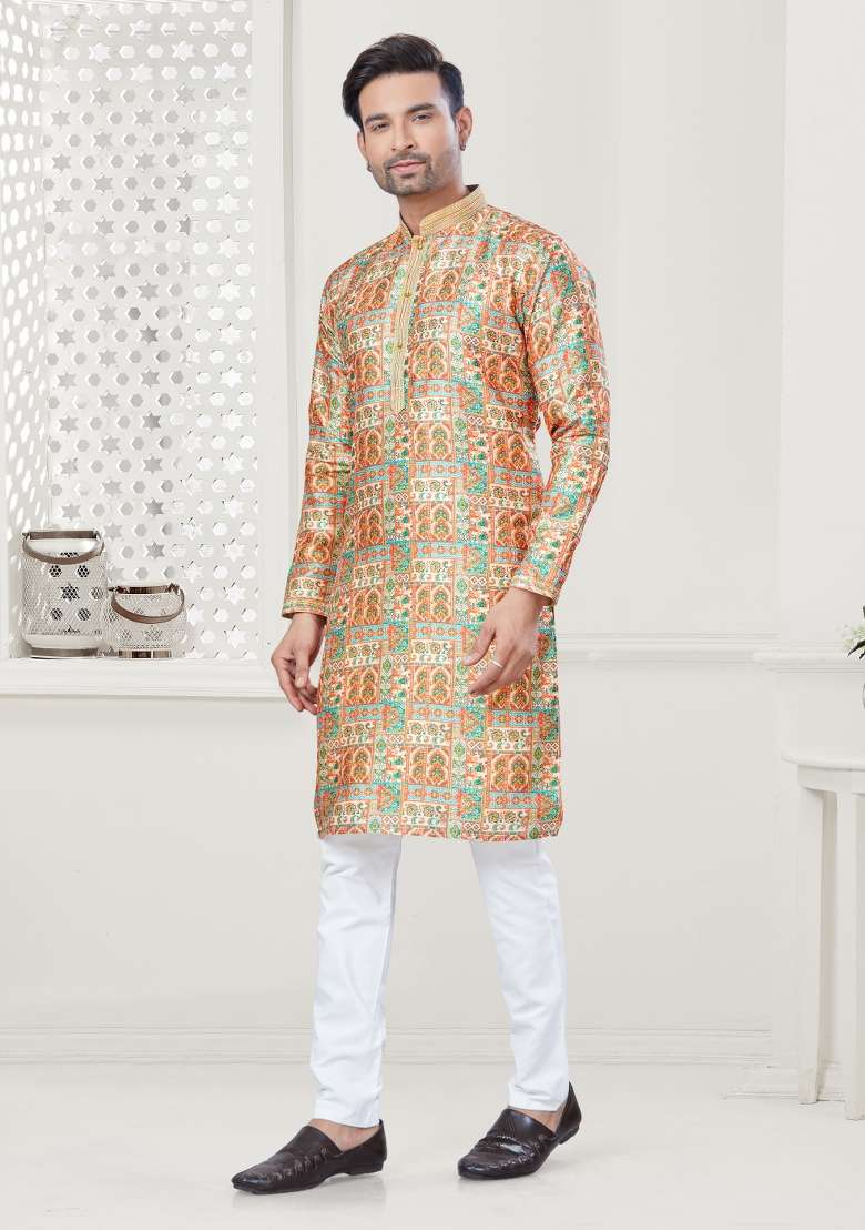 Multi Digital Printed Silk Blend Kurta Set For Men - Indya