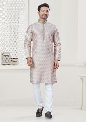 Cream Digital Printed Silk Blend Kurta Set For Men