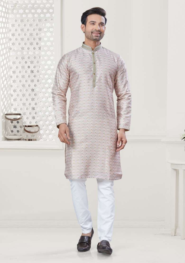 Cream Digital Printed Silk Blend Kurta Set For Men - Indya