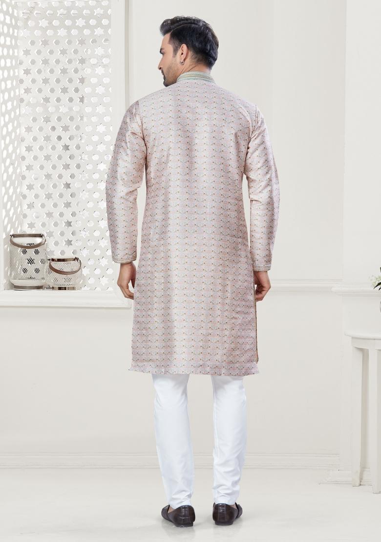 Cream Digital Printed Silk Kurta Set For Men - Indya
