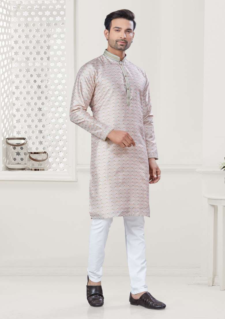 Cream Digital Printed Silk Blend Kurta Set For Men - Indya