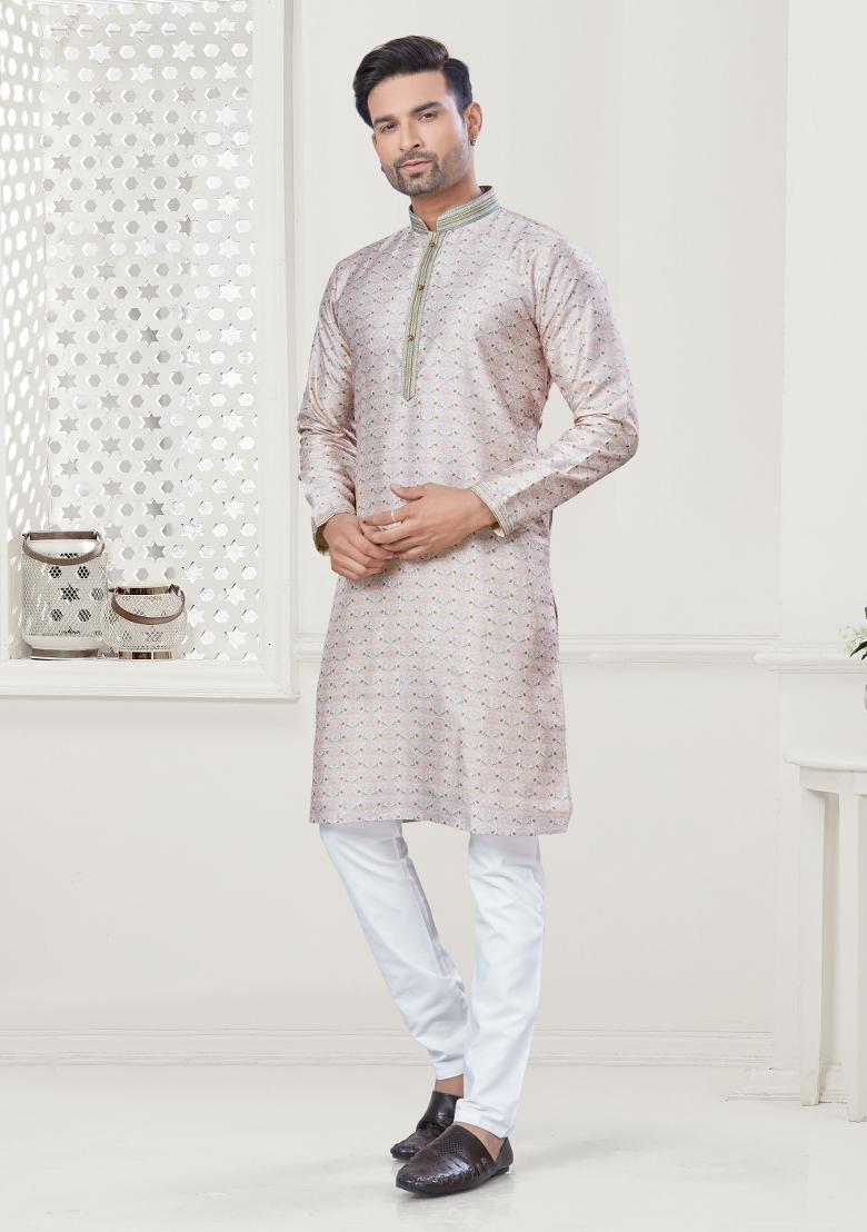 Cream Digital Printed Silk Kurta Set For Men - Indya