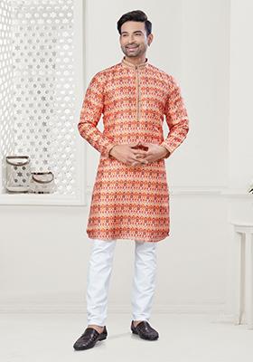 Red Digital Printed Silk Kurta Set For Men