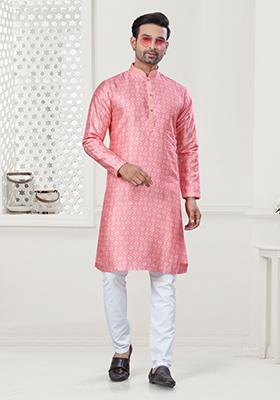 Pink Digital Printed Silk Kurta Set For Men
