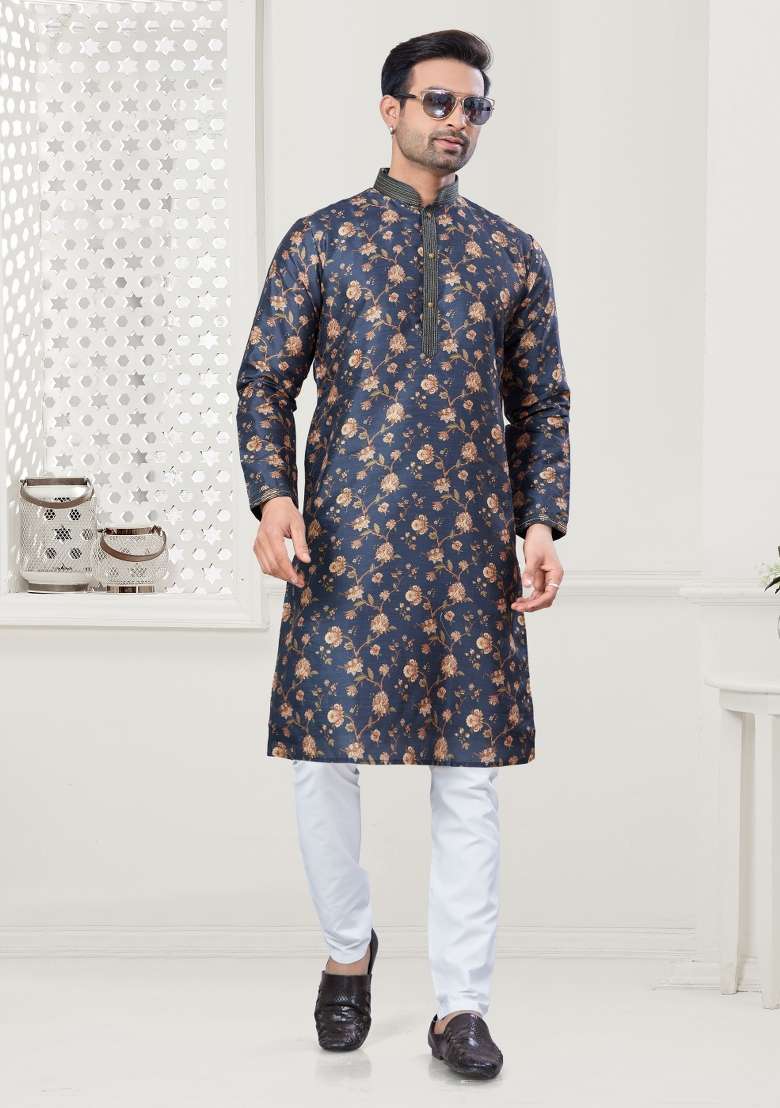 Navy Blue Digital Printed Silk Blend Kurta Set For Men - Indya