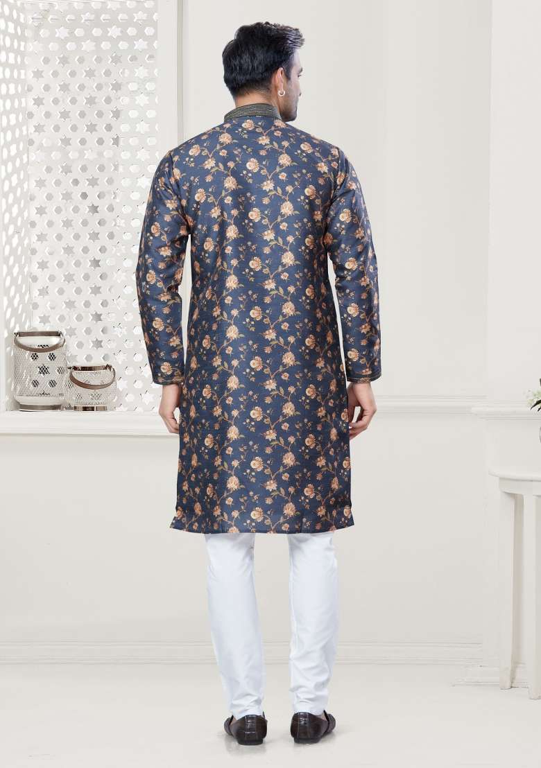 Navy Blue Digital Printed Silk Blend Kurta Set For Men - Indya