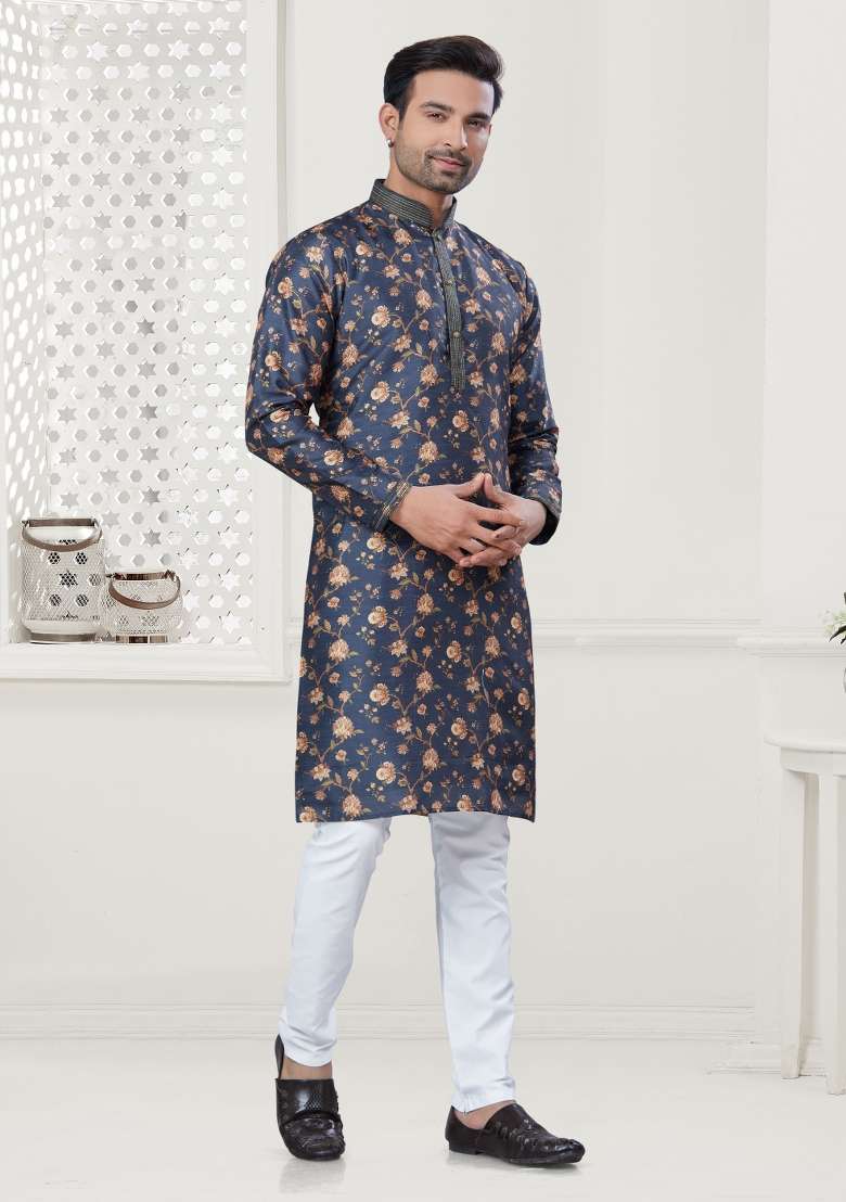 Navy Blue Digital Printed Silk Blend Kurta Set For Men - Indya