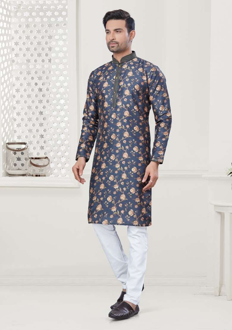 Navy Blue Digital Printed Silk Blend Kurta Set For Men - Indya