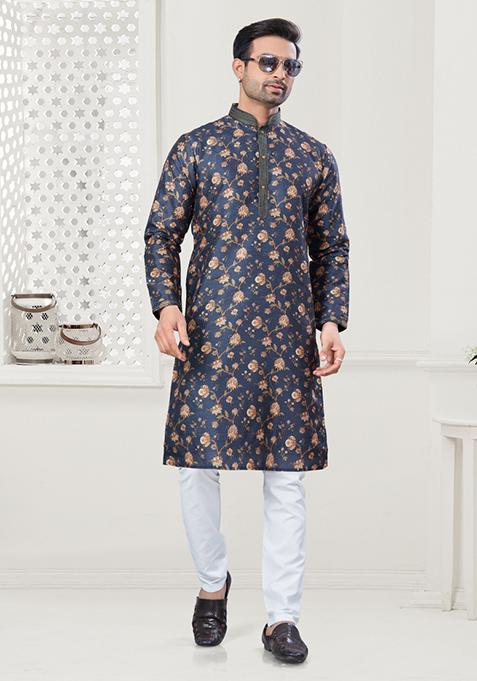 Navy Blue Digital Printed Silk Kurta Set For Men