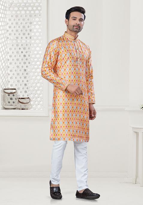 Cream Digital Printed Silk Kurta Set For Men