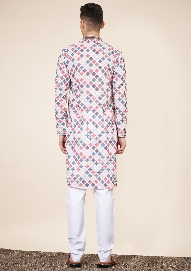 Cream Embroidered Cotton Kurta Set For Men - Indya