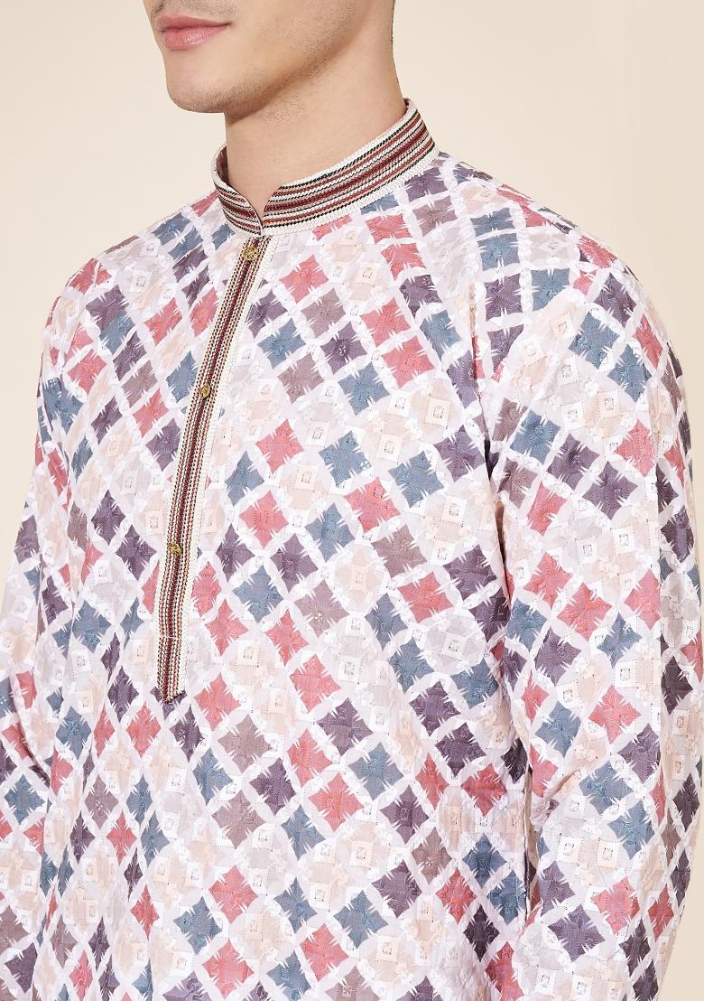 Cream Embroidered Cotton Kurta Set For Men - Indya