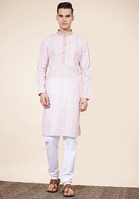 Pink Embroidered Cotton Kurta Set For Men