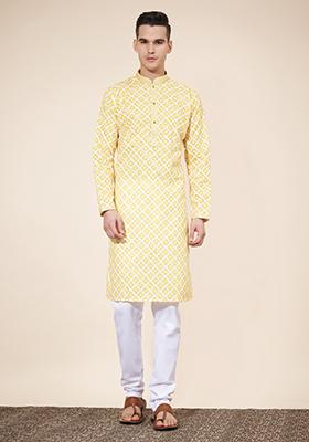 Yellow Embroidered Cotton Kurta Set For Men