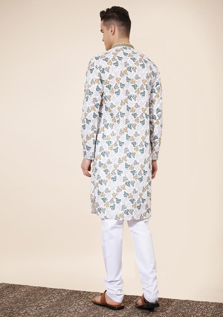 Cream Embroidered Cotton Kurta Set For Men - Indya