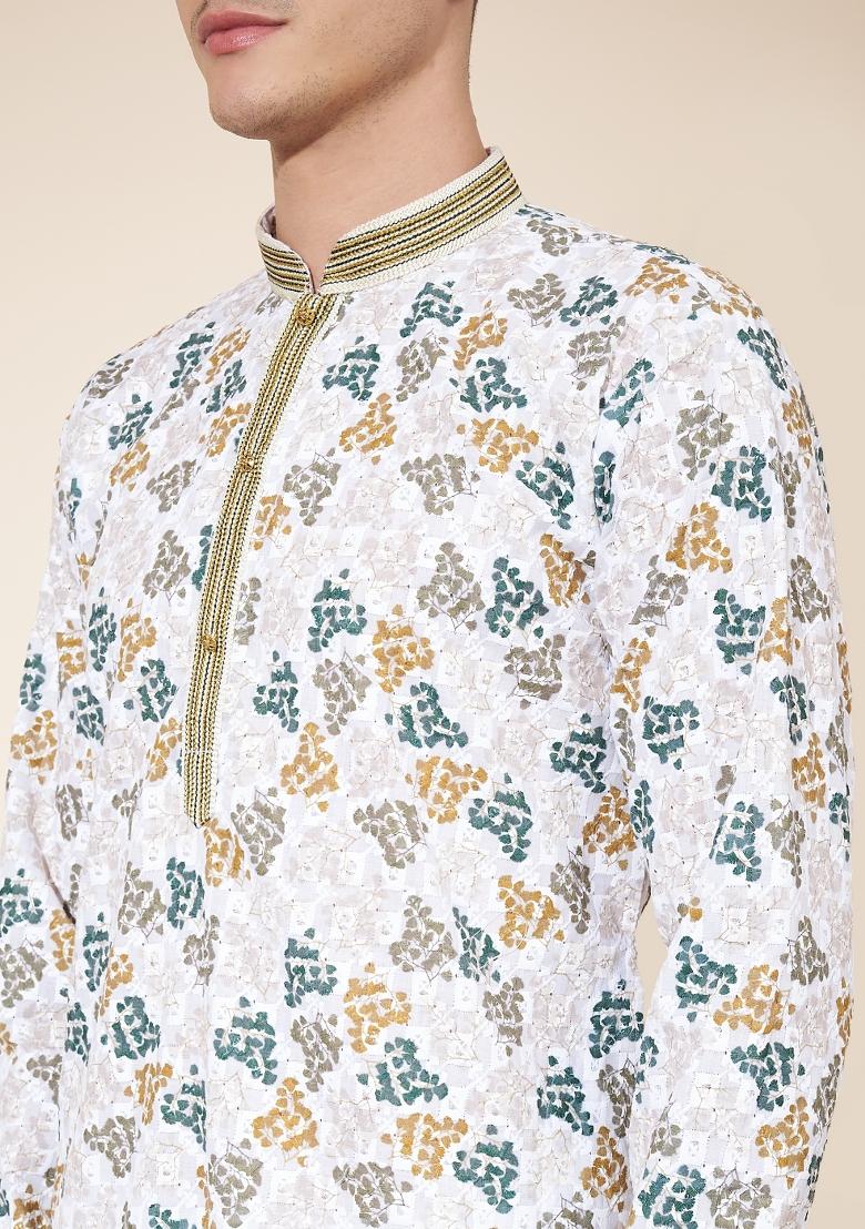 Cream Embroidered Cotton Kurta Set For Men - Indya