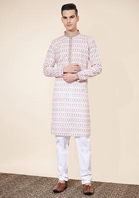 Pink Embroidered Cotton Kurta Set For Men