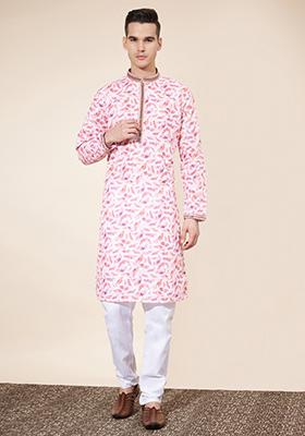 Peach Embroidered Cotton Kurta Set For Men