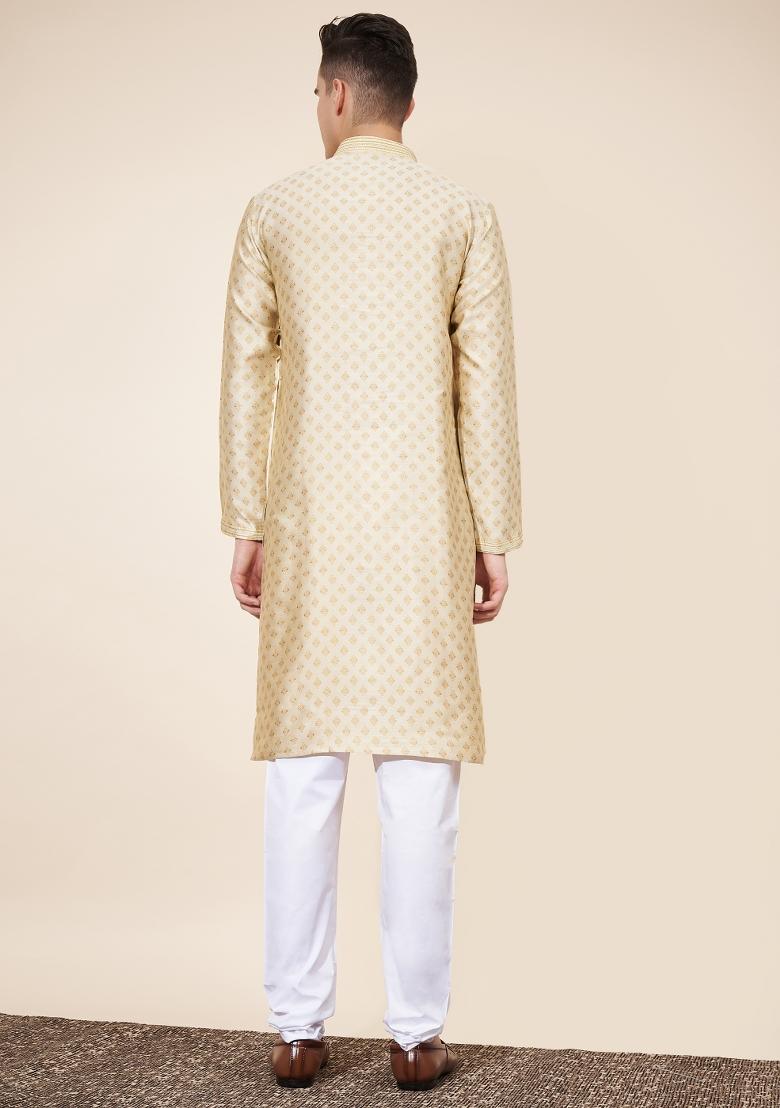 Golden Embroidered Jacquard Kurta Set For Men - Indya