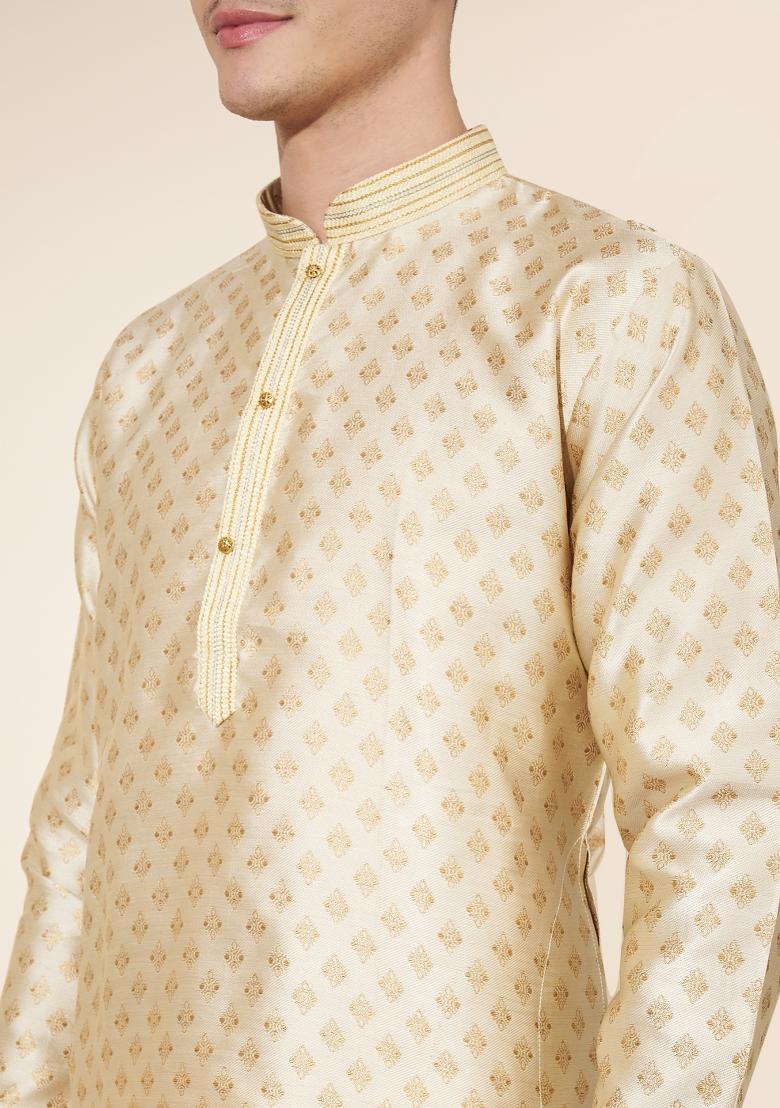 Golden Embroidered Jacquard Kurta Set For Men - Indya