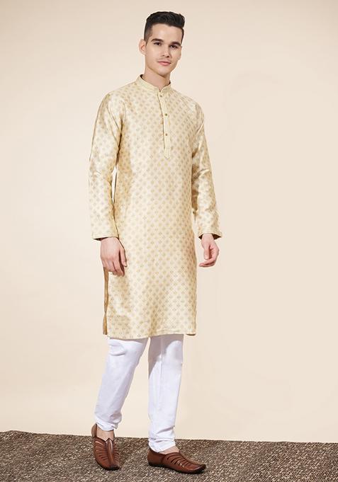 Golden Embroidered Jacquard Kurta Set For Men