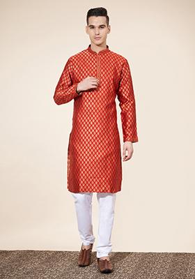 Red Embroidered Jacquard Kurta Set For Men