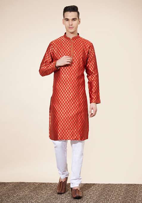 Red Embroidered Jacquard Kurta Set For Men