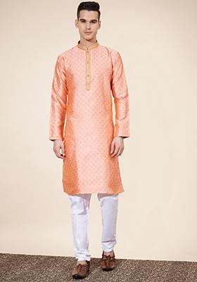Peach Printed Jacquard Kurta Set For Men