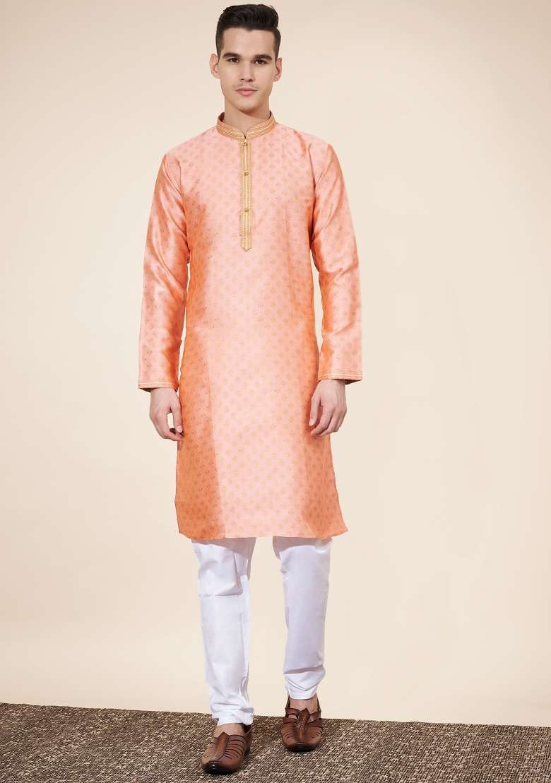 Peach Printed Jacquard Kurta Set For Men - Indya