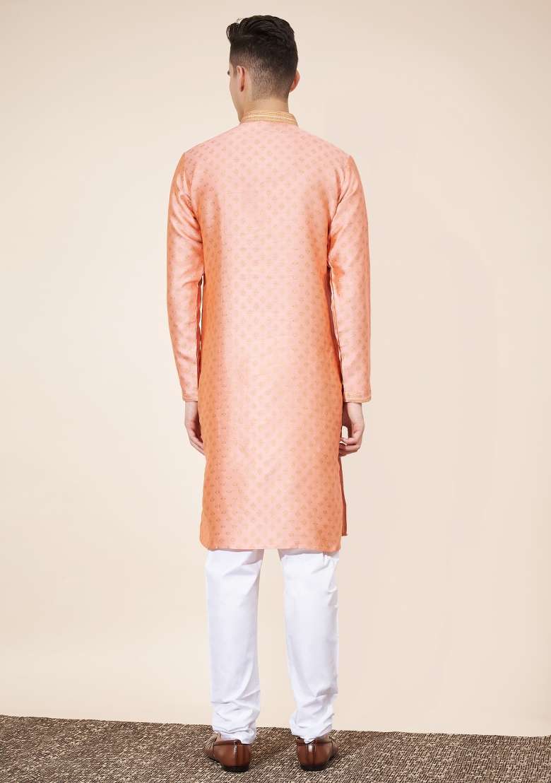 Peach Printed Jacquard Kurta Set For Men - Indya