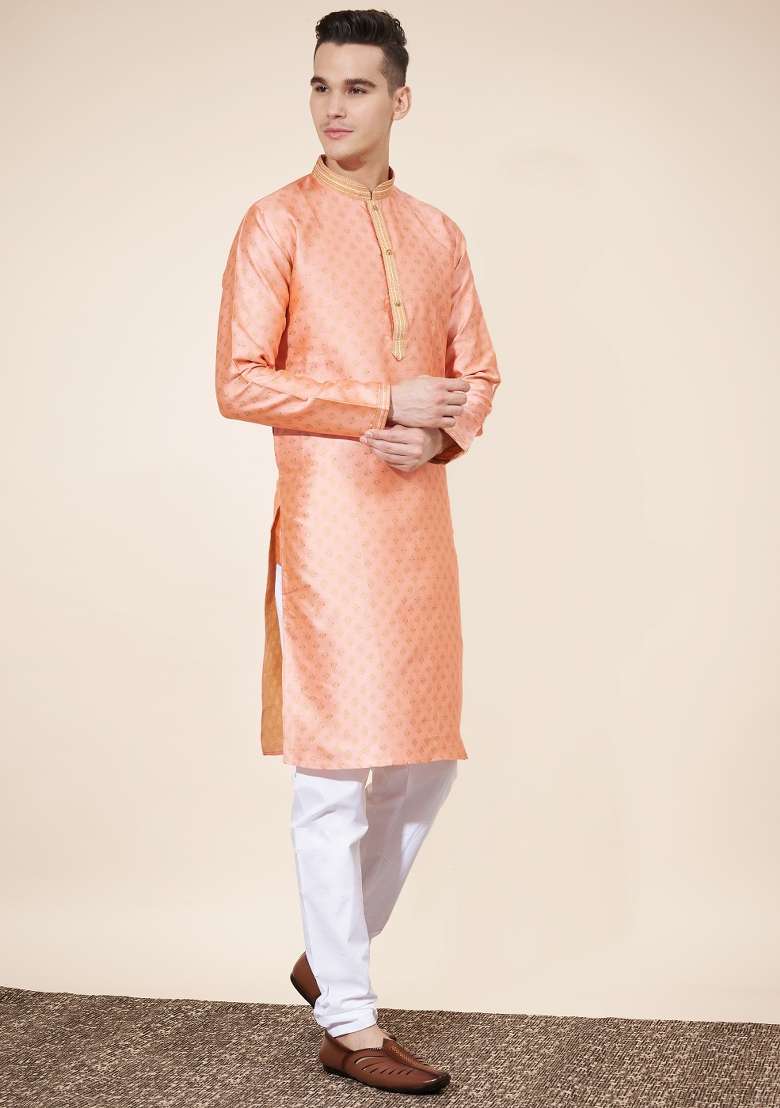 Peach Printed Jacquard Kurta Set For Men - Indya